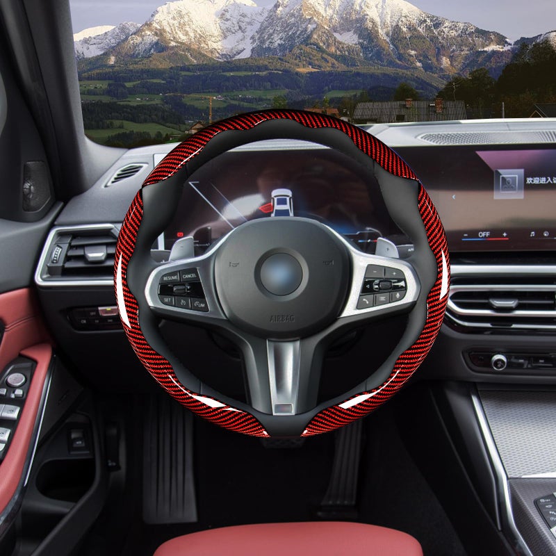 Aotoyou Car Steering Wheel Cover Set Bright Carbon Fiber Wrap Non-Slip 3pcs Steering Wheel Accessories 14.5-15 inch Universal (Red) - Image 2